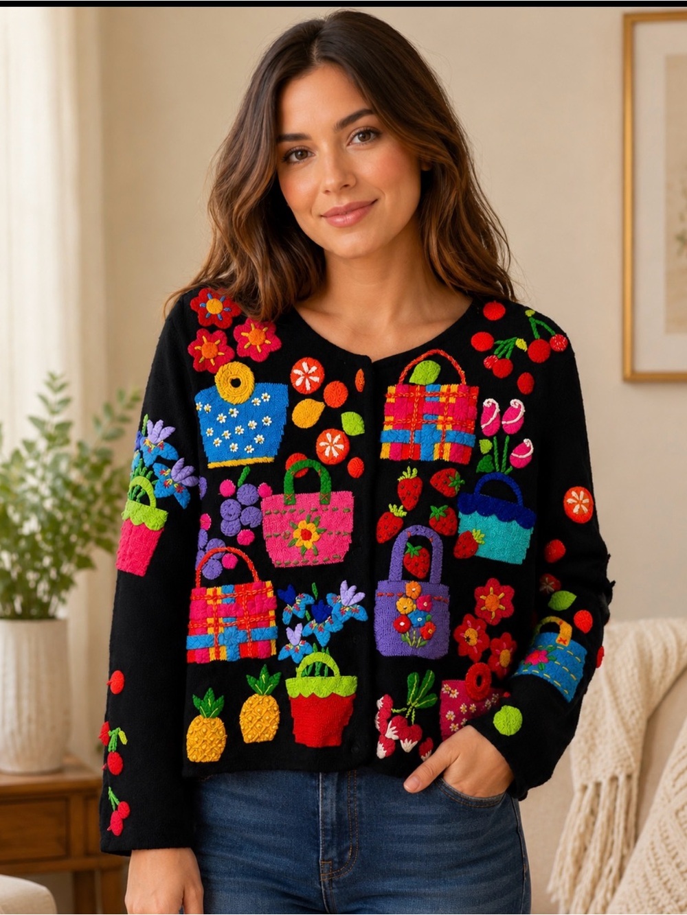 Michael Simon sweater cardigan size small fruit basket purses floral felt beaded